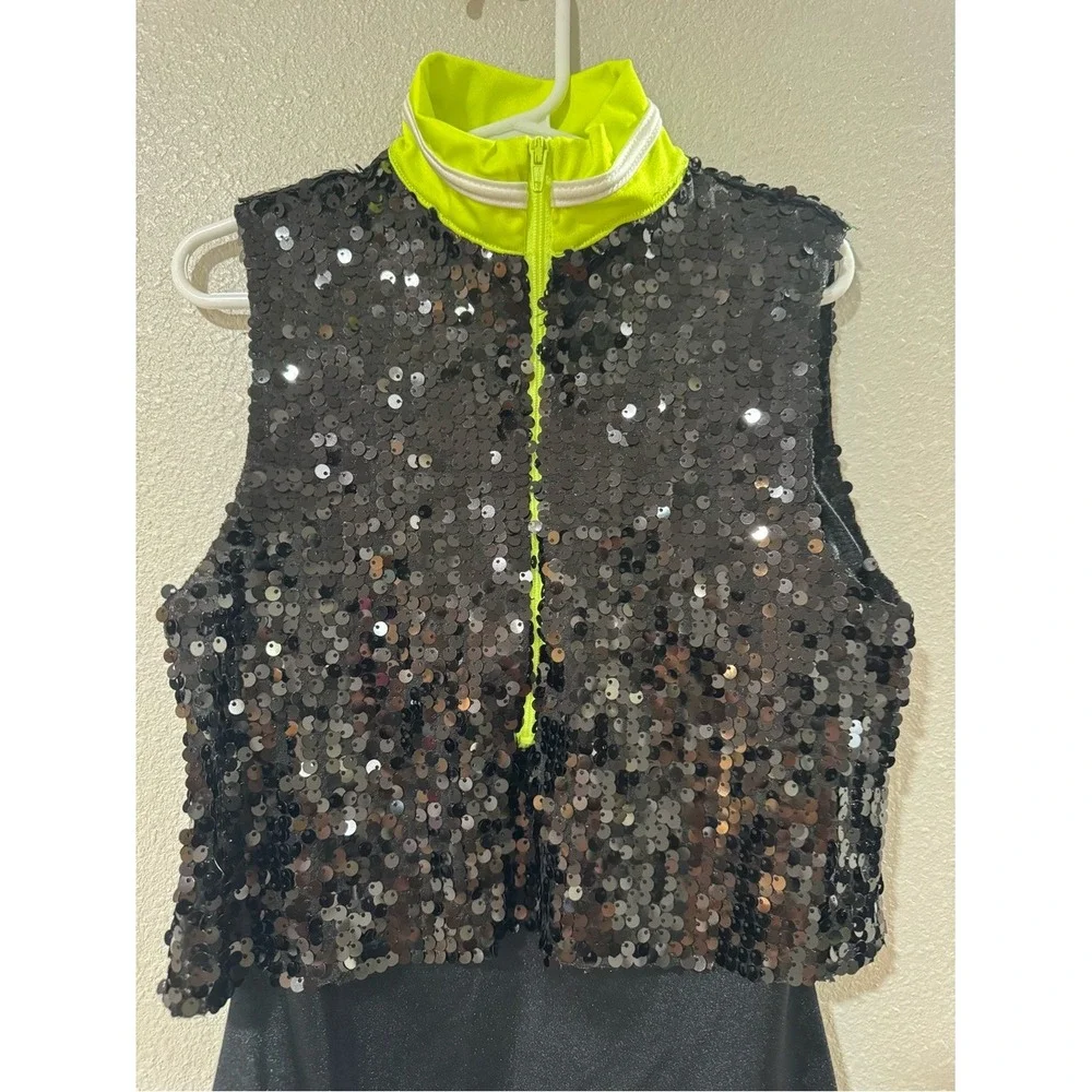 Weissman Black Sequin Neon Yellow Mock Neck Dance Leotard Girls Size MC
